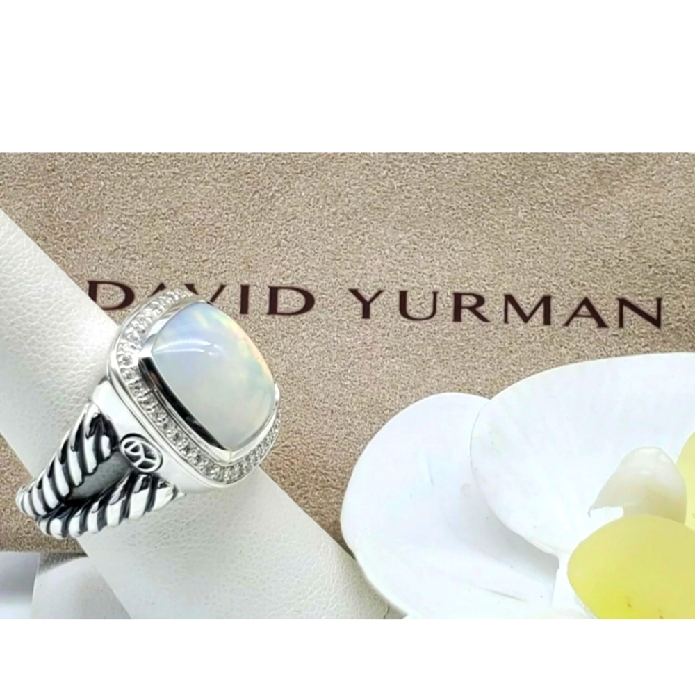 David Yurman Sterling Silver Albion w/14mm Rock Crystal & diamonds  ring Sz 6